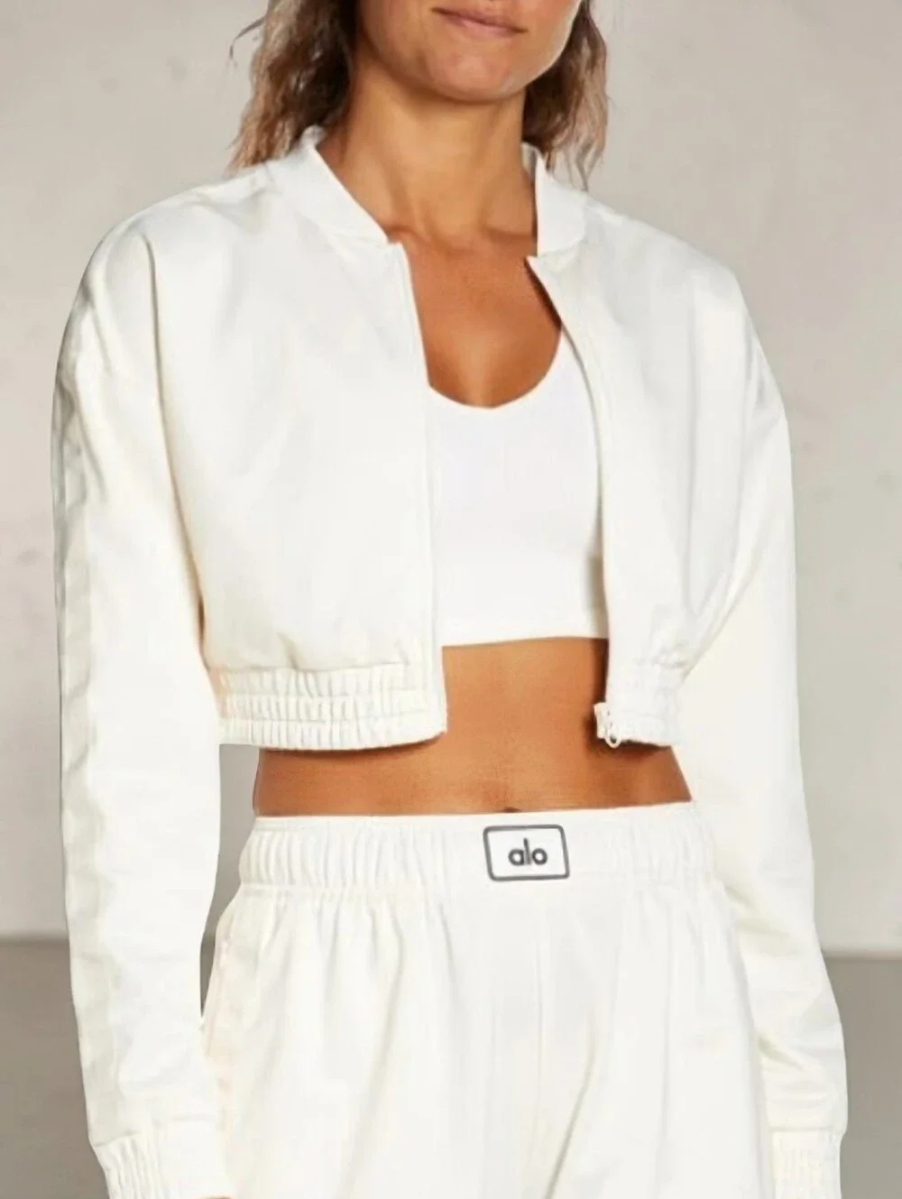 Alo Yoga Ivory Cropped Bomber Full Zip Jacket Athleisure